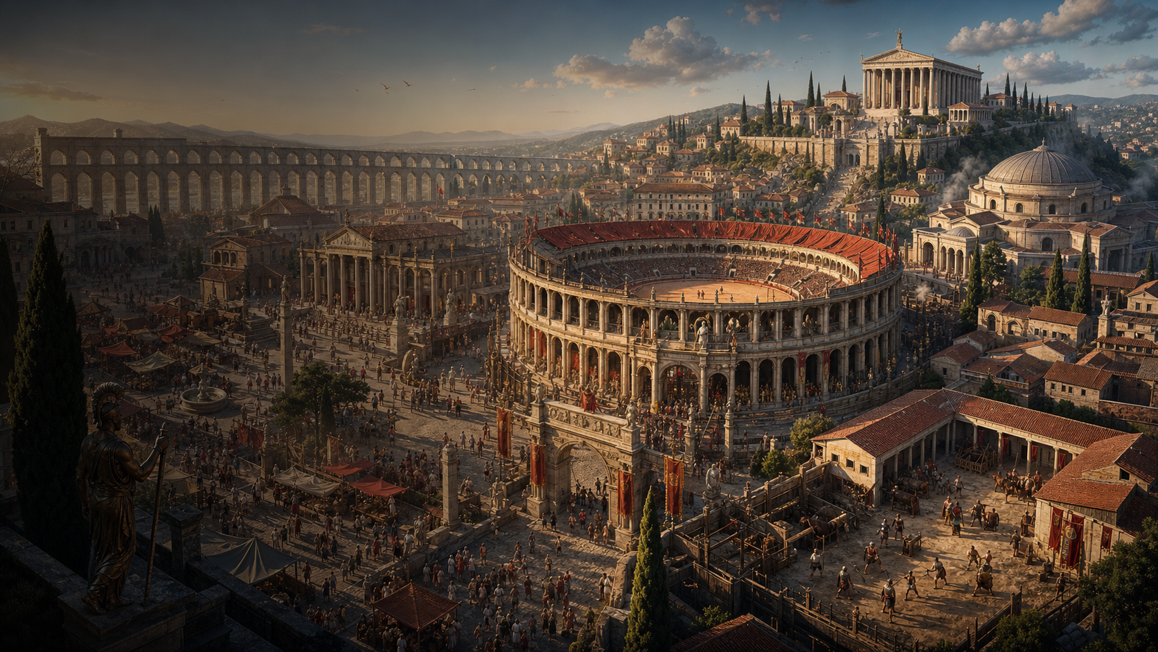 A panoramic ancient Roman gladiator city with an amphitheater, forum, aqueduct, bathhouse, and hilltop temple.